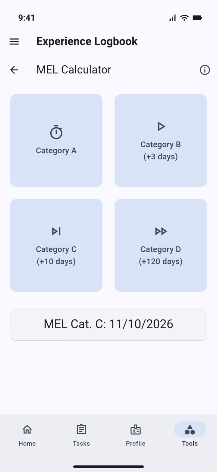MEL calculator with category A to D buttons and the resulting due date