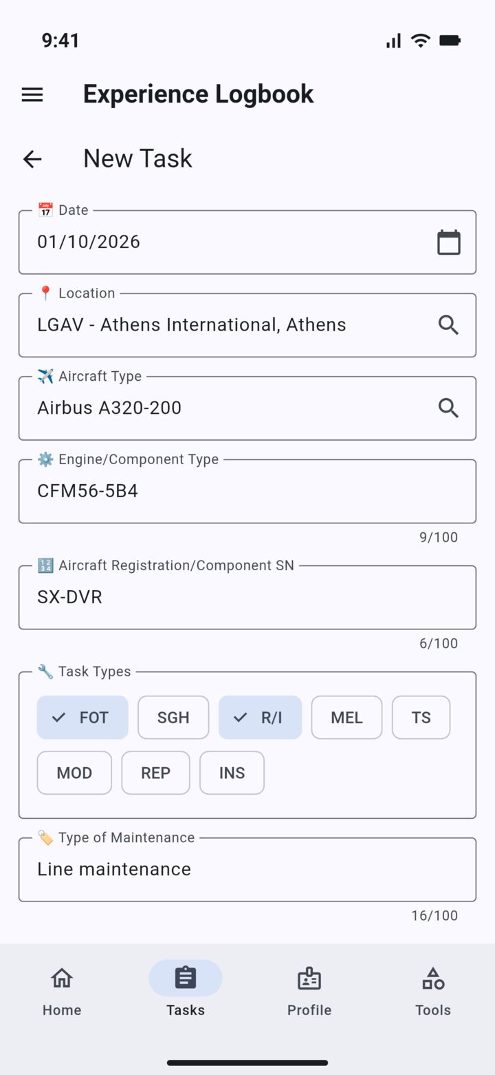 New task form with date, location, aircraft type, engine type, registration and task type chips