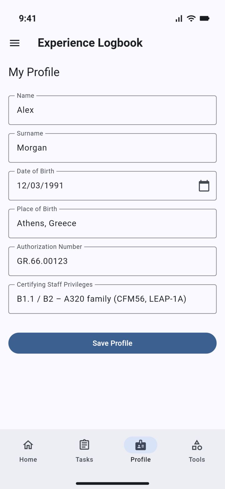 Profile screen with name, date of birth, authorization number and privileges