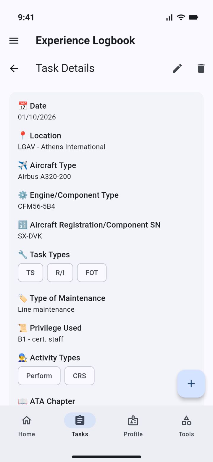 Task details screen listing date, location, aircraft type, engine type, registration, task types and privilege